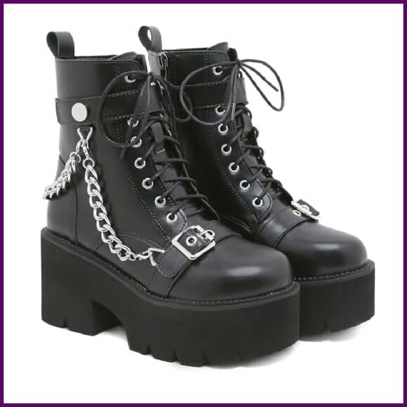 Platform Combat Boots, Lace Up Gothic Ankle Boots, Chunky Heel - Picture 2 of 8